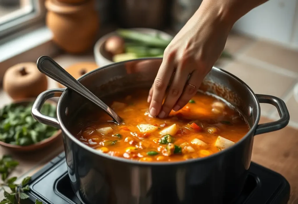 Des mains qui remuent délicatement une soupe de légumes dans une grande marmite