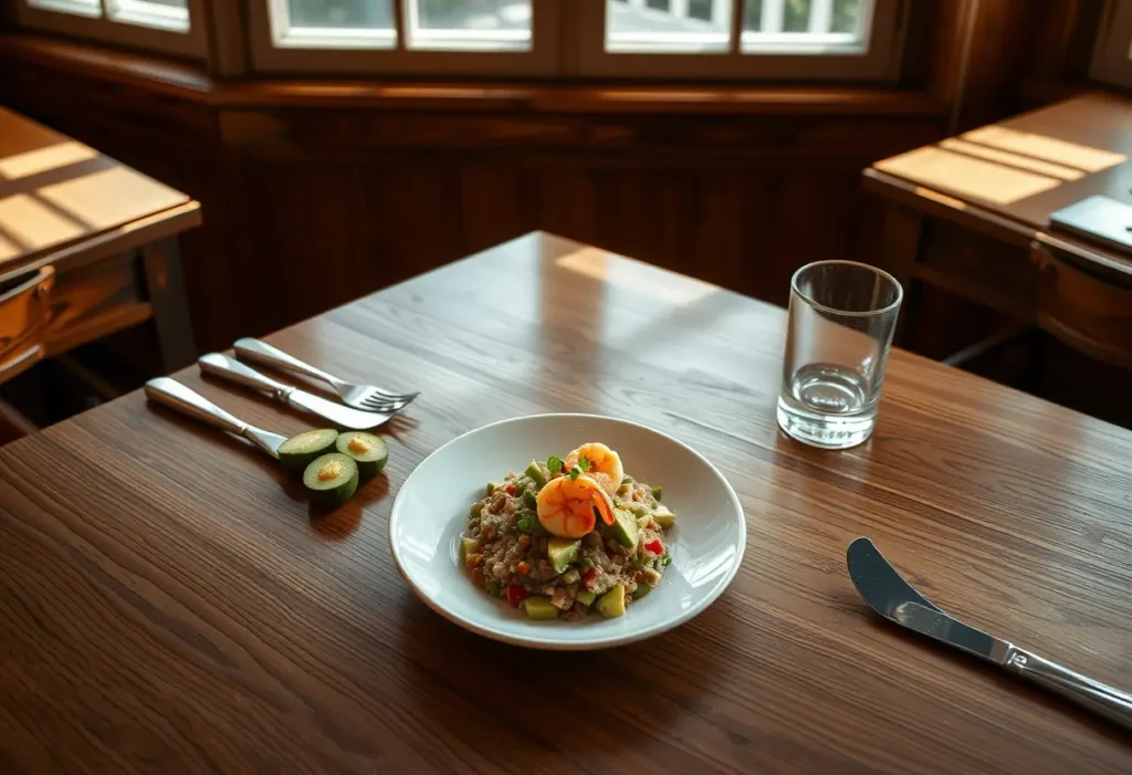 Un plateau de table de chevet garni de tartare d'avocat et de crevettes, éclairé naturellement