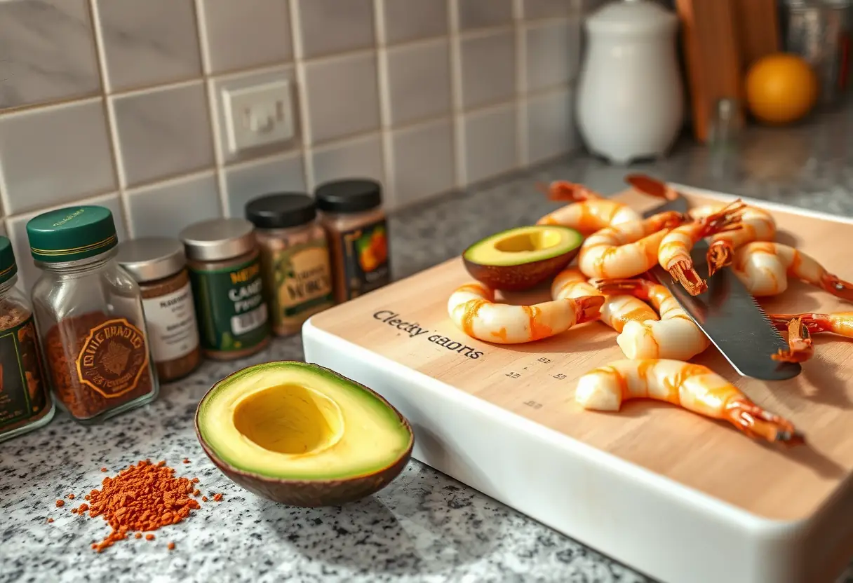 Un comptoir de cuisine avec des épices et une moitié d'avocat, éclairé naturellement