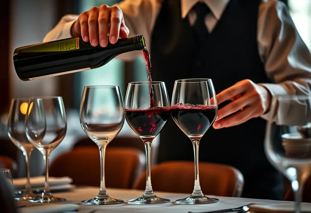 Serveur qui verse du vin dans des verres de cristal dans un restaurant élégant