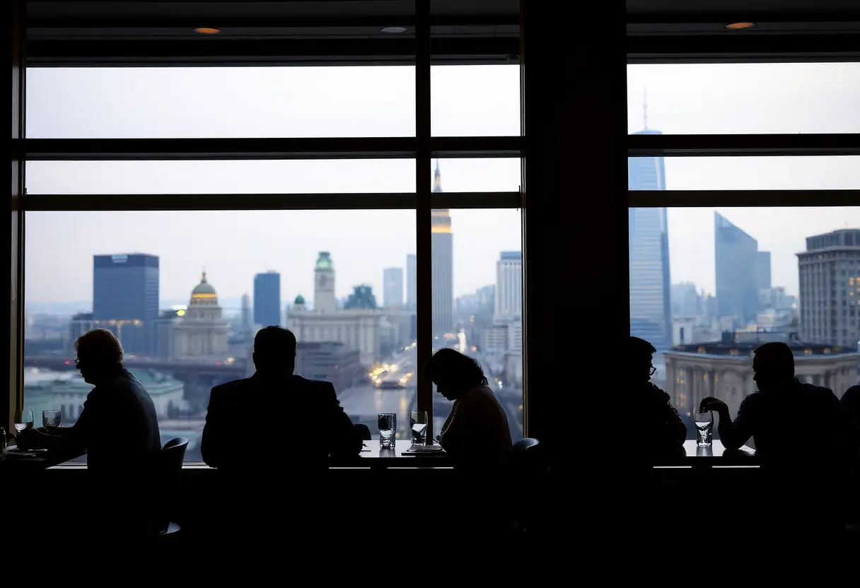 Silhouettes de dîneurs visibles par les fenêtres donnant sur une ville animée