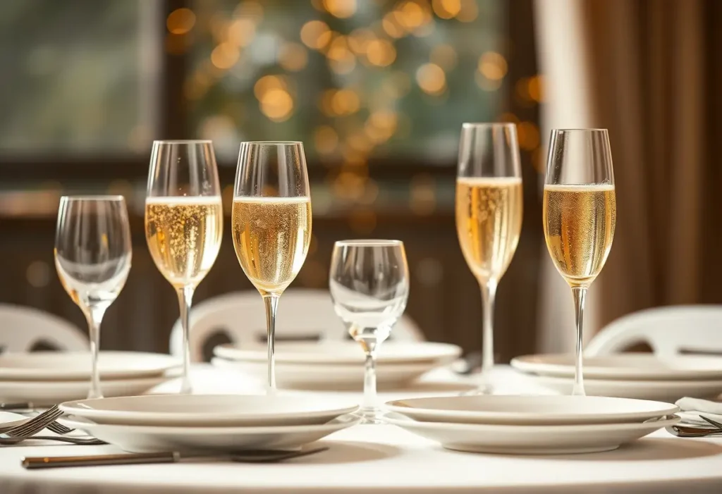 Un couvert élégamment dressé avec des assiettes blanches et des verres, les bulles d'un vin mousseux ajoutent une touche romantique