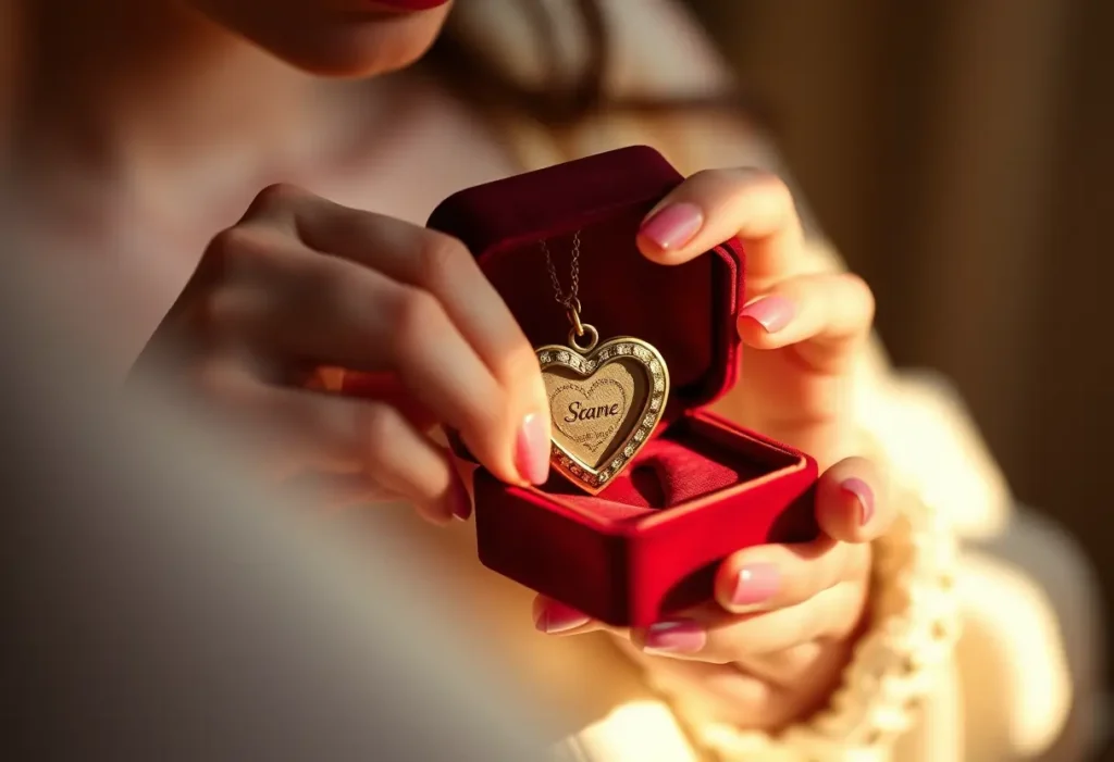 Une main déposant délicatement un pendentif en forme de cœur dans une boîte en velours, symbolisant l'amour et la surprise.