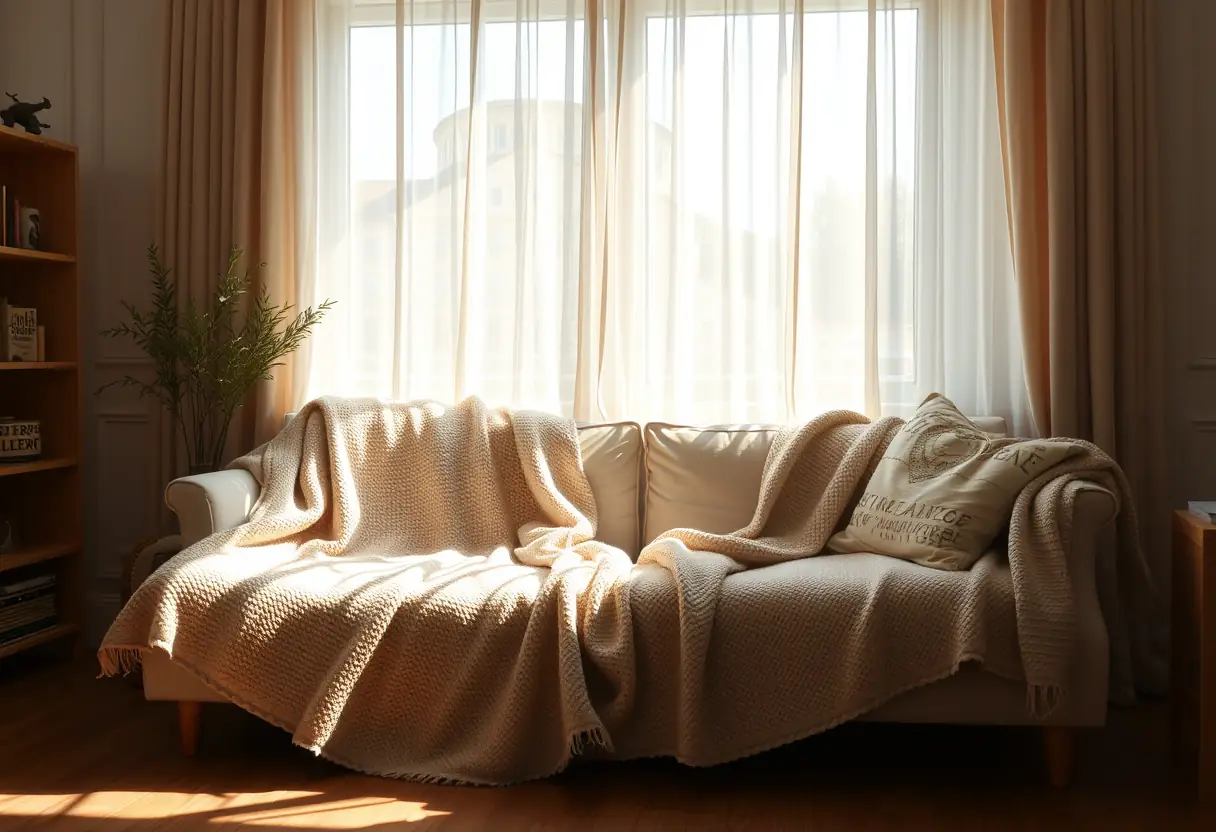 Un canapé recouvert d'une couverture douillette dans un salon accueillant, illustrant le confort et la détente.