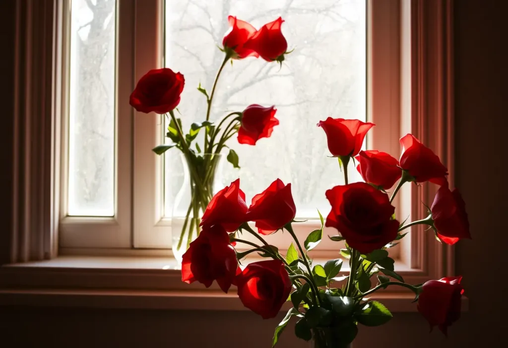 Un vase rempli de roses rouges sur un rebord de fenêtre éclairé par la lumière du soleil