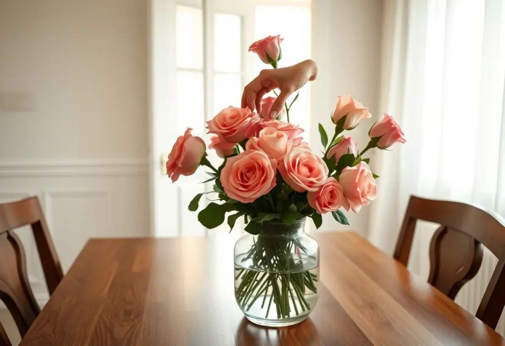 Des roses dans un vase de verre transparent sur une table pour célébrer la Saint-Valentin