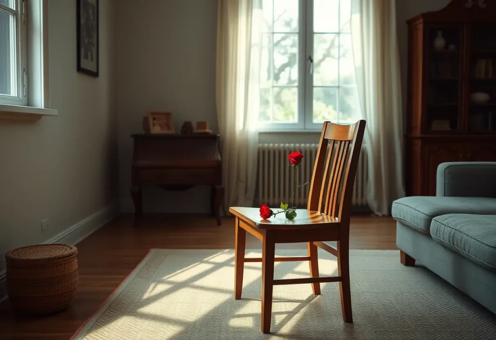 Un fauteuil en bois dans une pièce calme, orné d'une seule rose rouge, évoquant les gestes d'affection de la Saint-Valentin.