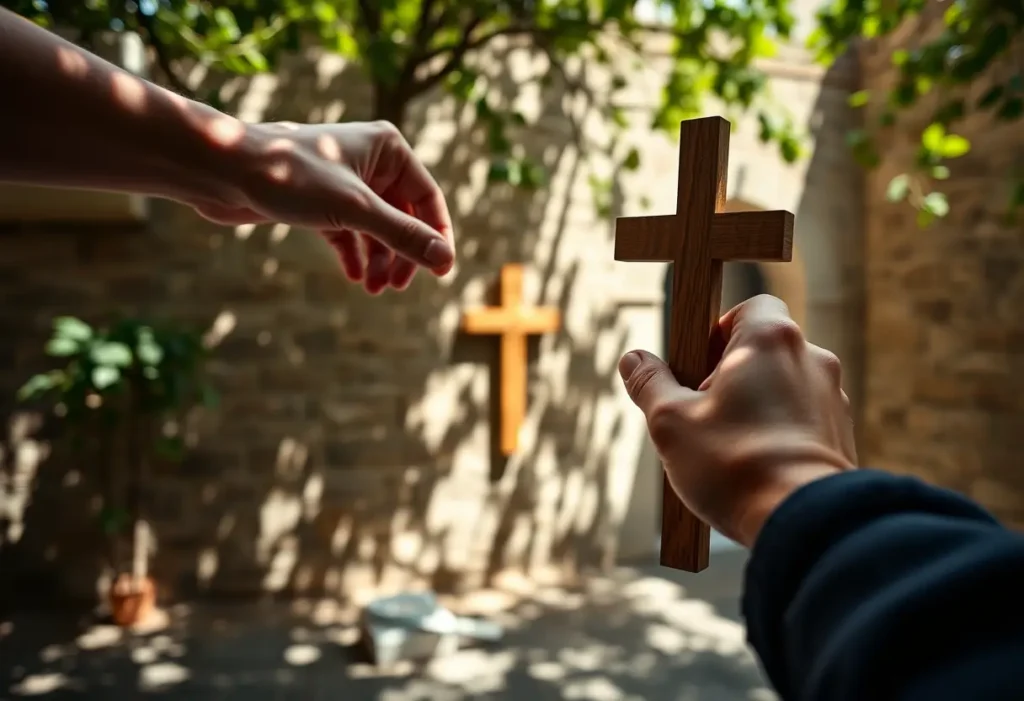 Une main posant une croix en bois sur un mur de pierre, symbole du sacrifice de saint Valentin.