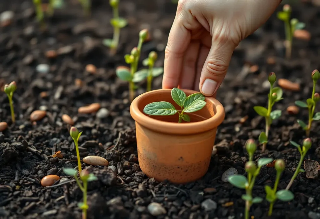 Une main posant un pot en argile sur le sol, entouré de plantes en boutons, symbolisant de nouveaux débuts et croissance