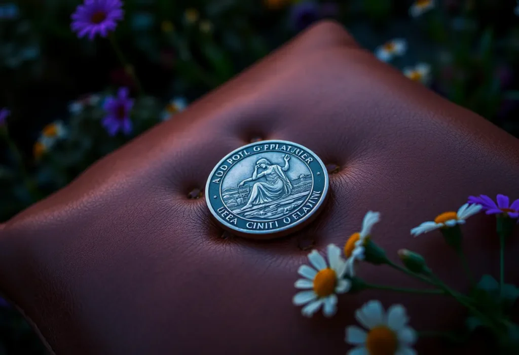 Vue rapprochée d'une pièce ronde avec une image gravée dessus, posée sur un coussin en cuir usé entouré de fleurs éparpillées dans un jardin au crépuscule