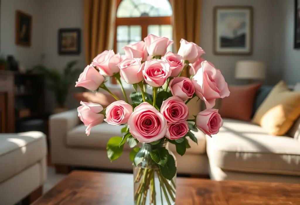 Un vase rempli de roses roses sur une table en bois dans un salon accueillant