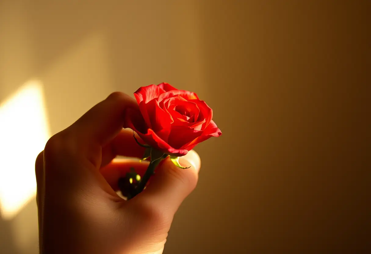 Une main tenant délicatement une rose rouge