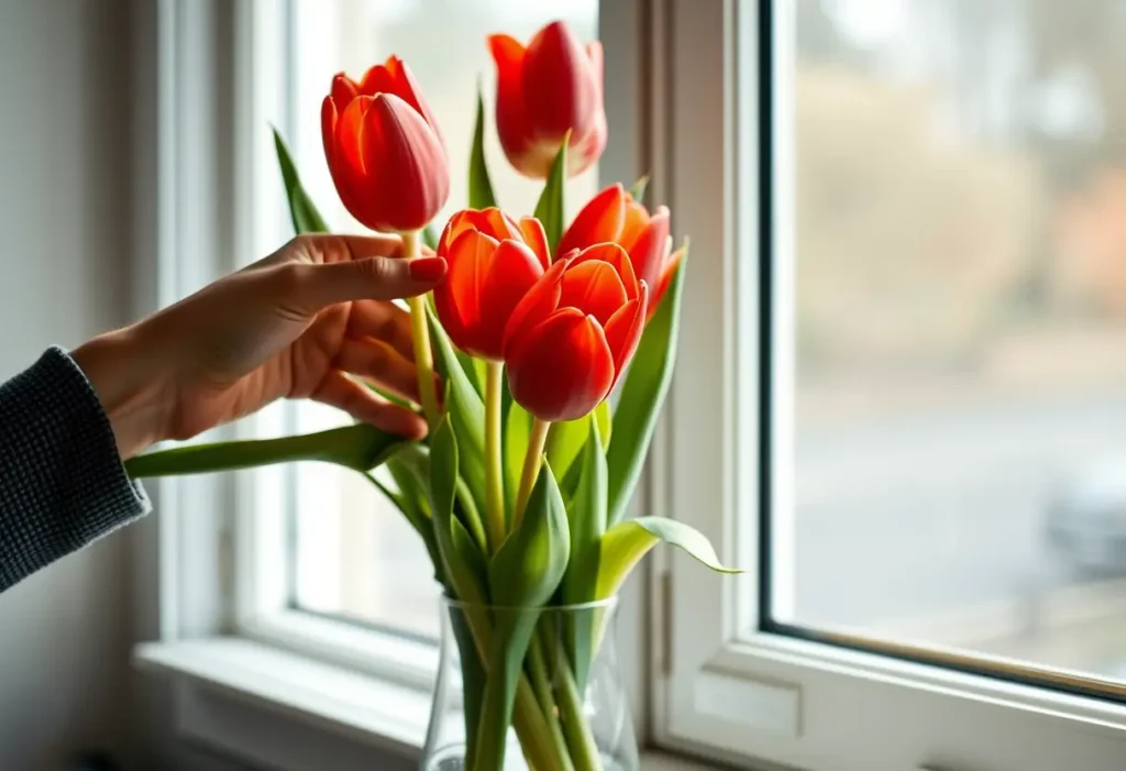 Main de femme arrangeant des tulipes rouges dans un vase, lumière du matin