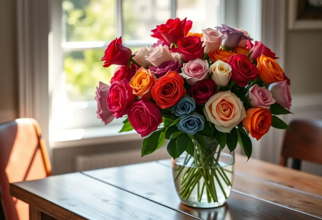 Un vase rempli de roses multicolores sur une table en bois, éclairées par la lumière du jour.