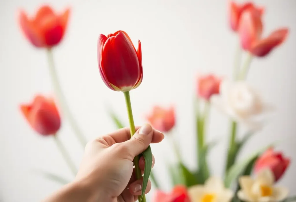 Une main tenant une tulipe rouge délicate