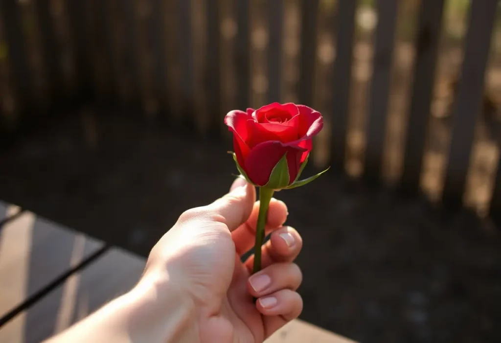 Une main tenant délicatement un bouton de rose rouge sur une table en bois à l'extérieur, éclairée par la lumière du matin.