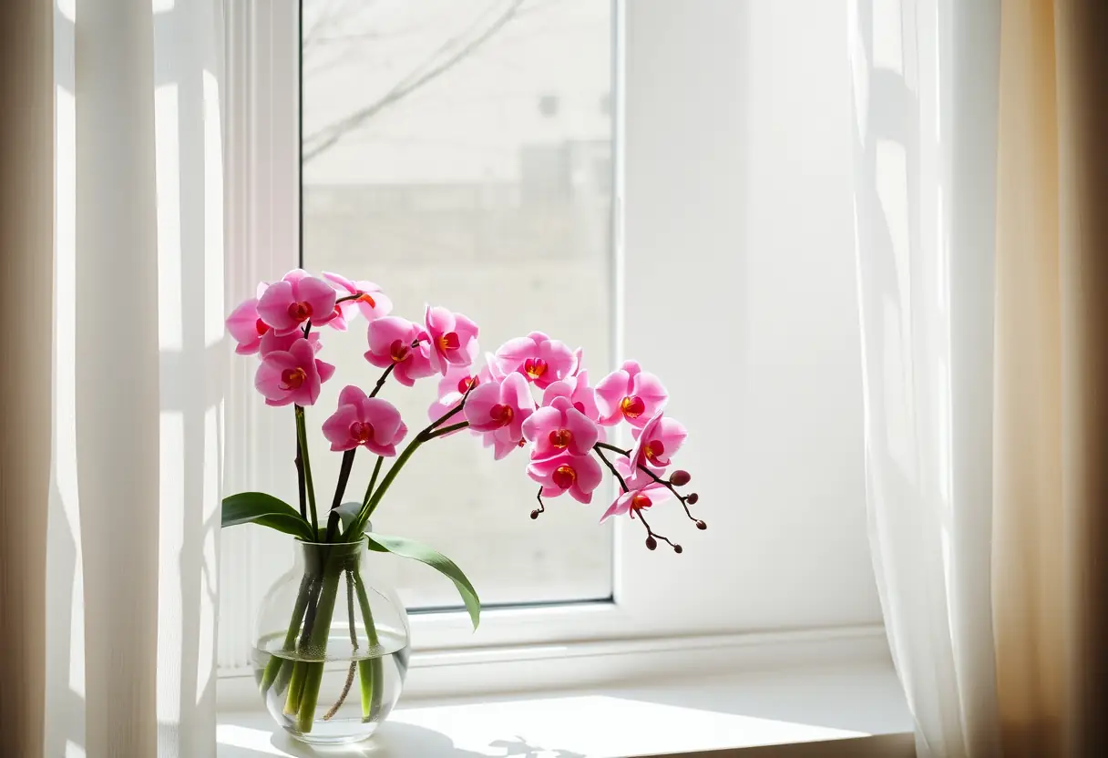 Un vase rempli d'orchidées roses posé sur un rebord de fenêtre, baigné par la lumière du soleil qui filtre à travers des rideaux légers.