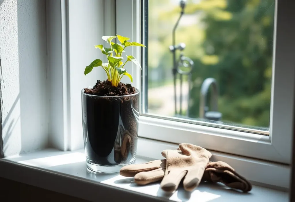 Un vase rempli de terre fraîche sur un rebord de fenêtre, prêt à accueillir une nouvelle plante.