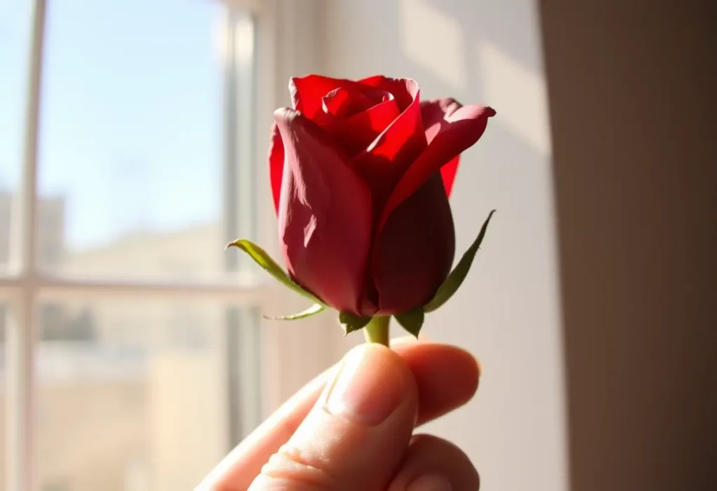 Une main tenant un bouton de rose rouge, la lumière du soleil met en valeur la texture veloutée des pétales