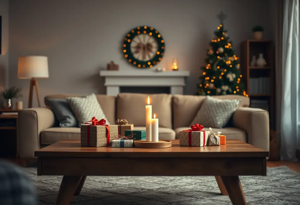 Une table basse en bois chargée de cadeaux emballés et d'une bougie allumée dans un salon accueillant