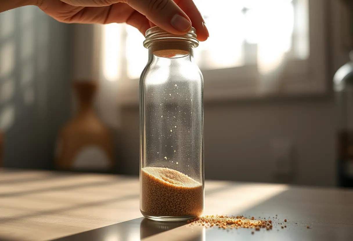 Une main qui verse du sable dans une bouteille en verre, symbolisant l'accumulation d'amour et de patience dans une relation.