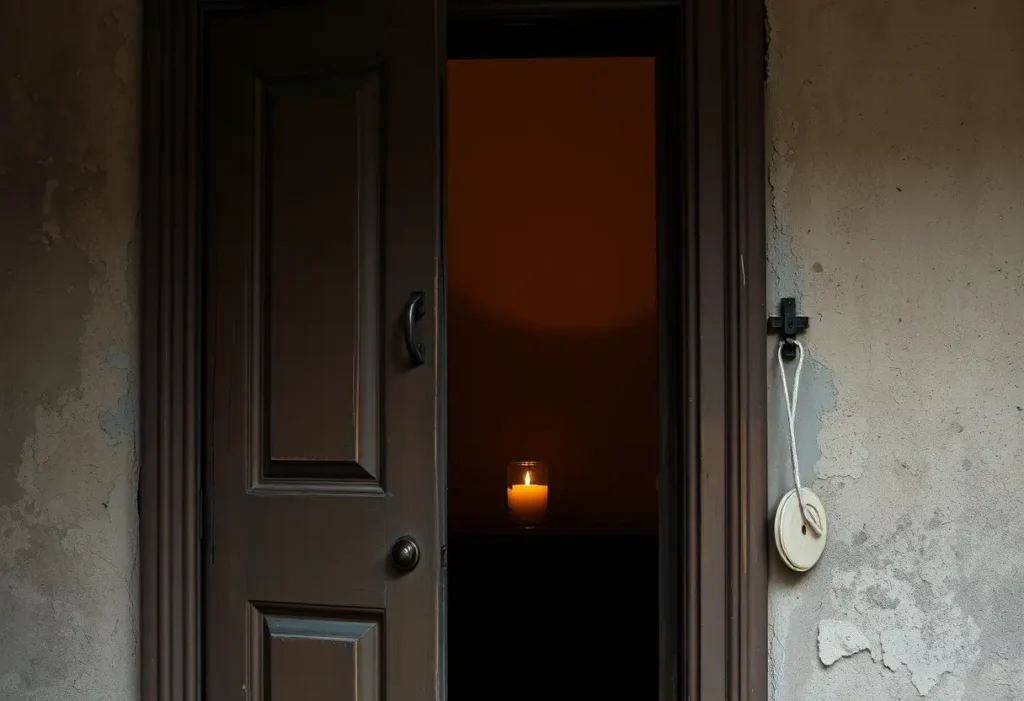 Une porte en bois avec une peinture écaillée, partiellement ouverte, révélant un intérieur sombre avec une bougie vacillante dans un bocal de verre