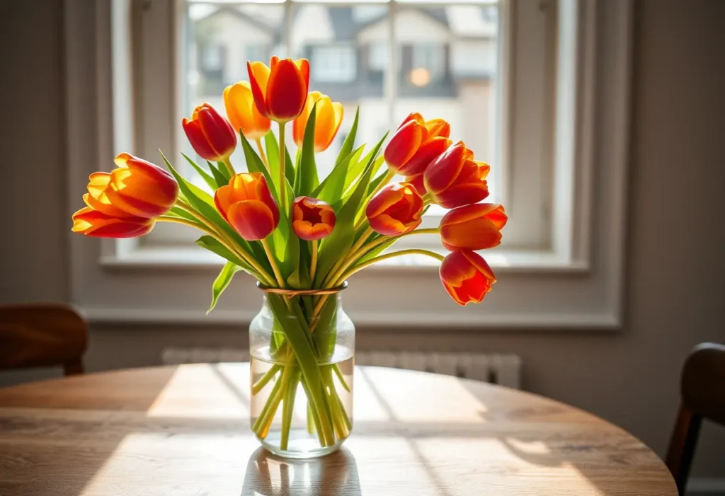 Un vase rempli de tulipes colorées sur une table en bois, éclairées par la lumière du soleil