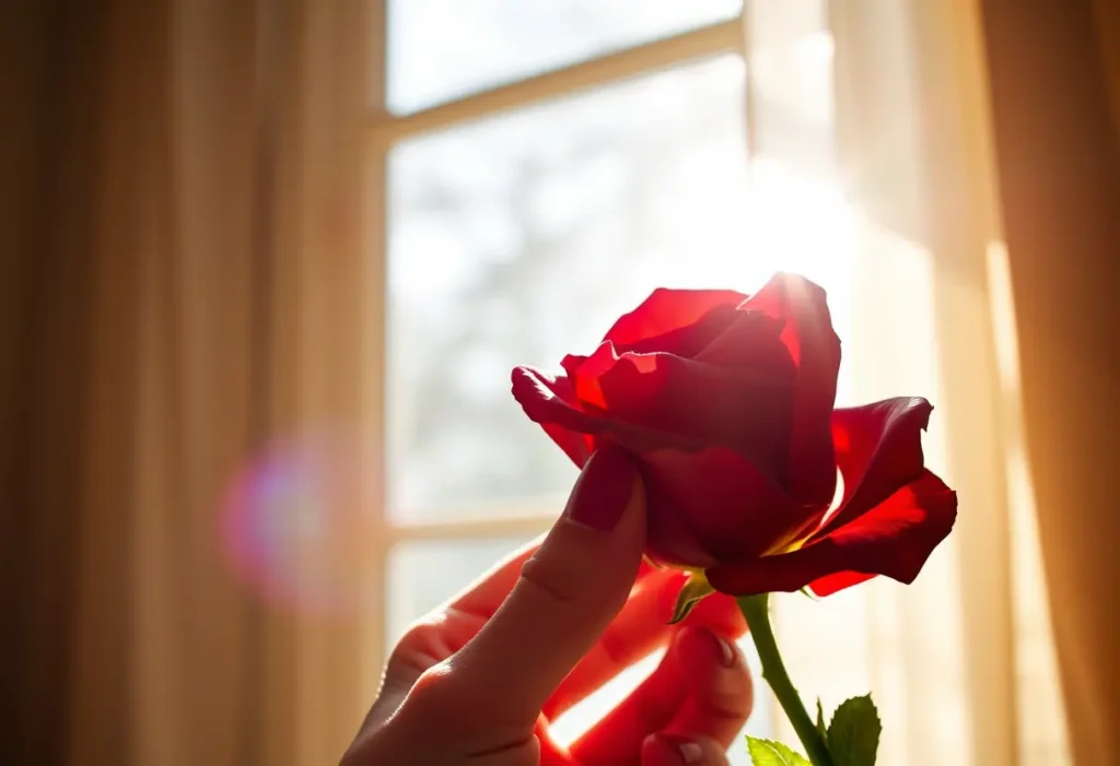 Une main féminine tenant délicatement une rose rouge