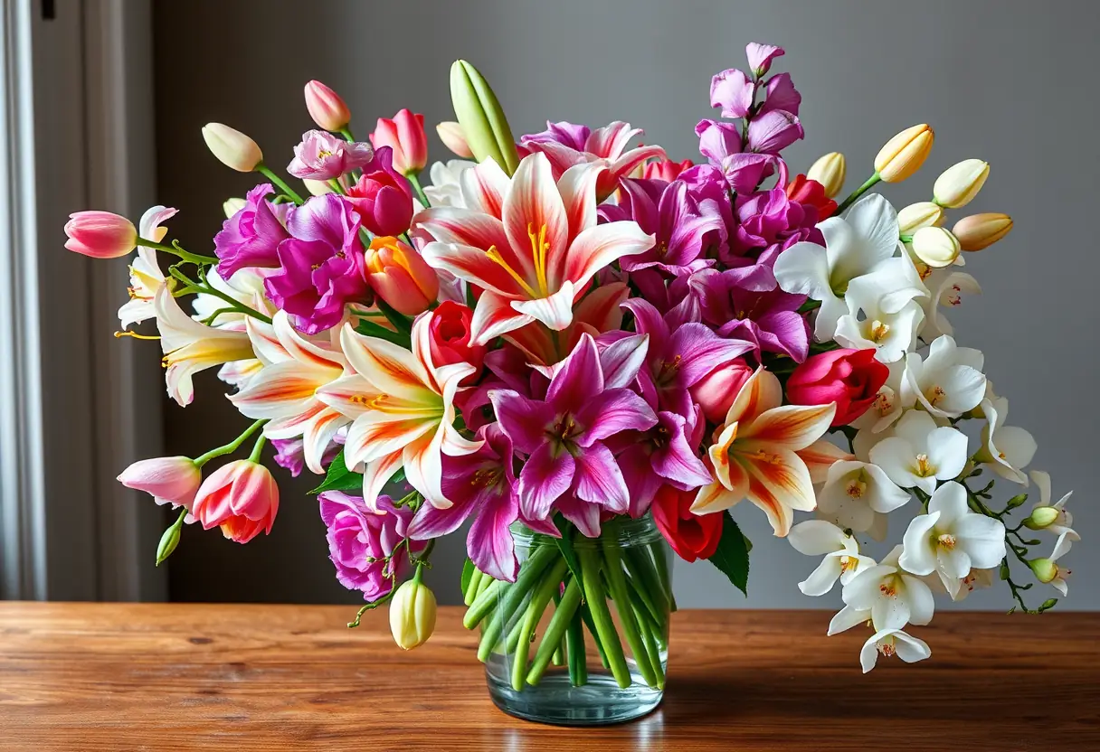 Un vase rempli de fleurs diverses posé sur une table en bois
