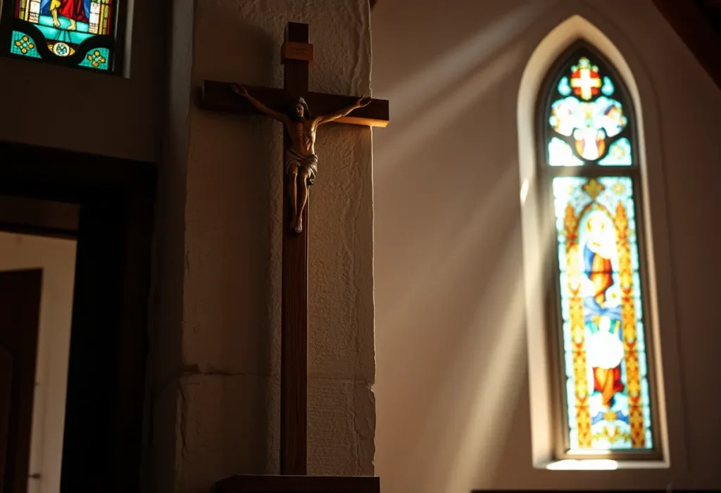 Croix de bois dans une petite chapelle, lumière filtrant à travers des vitraux colorés