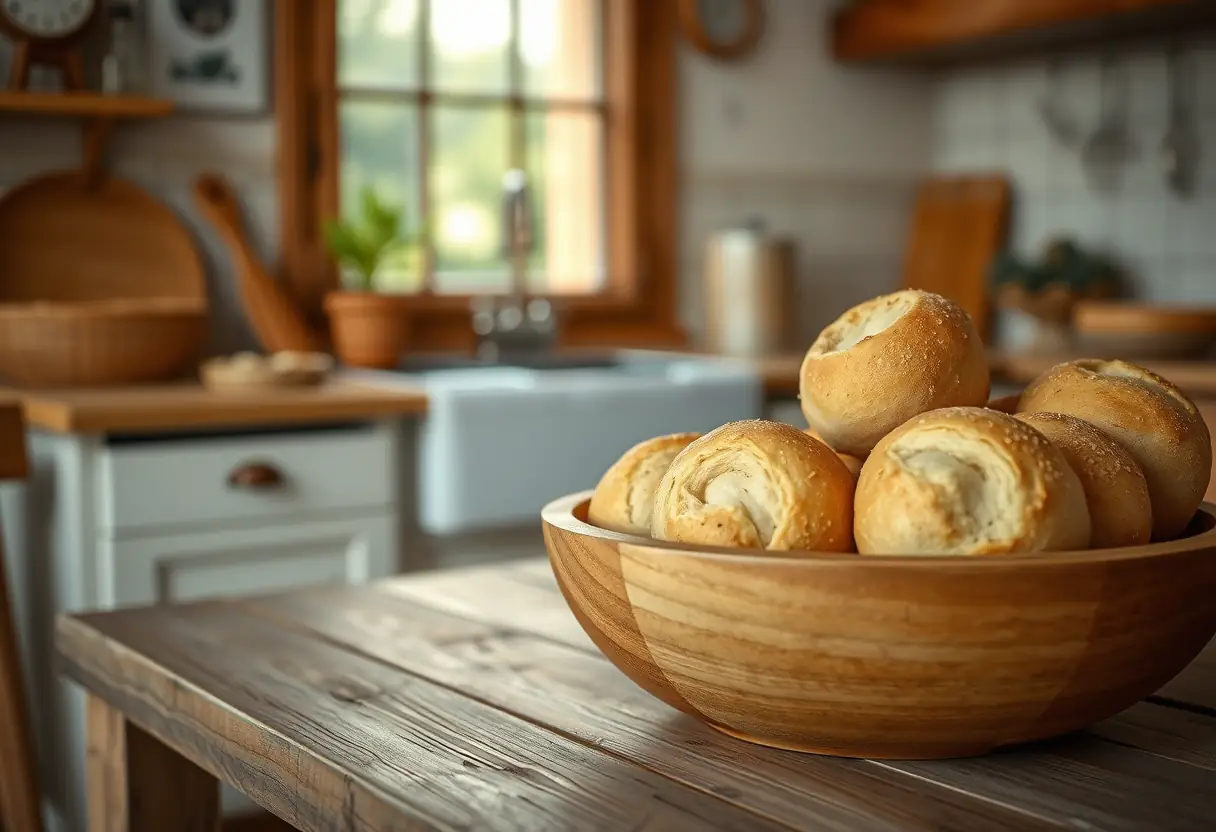 Un bol en bois rempli de pains ronds sur une table rustique dans une cuisine chaleureuse