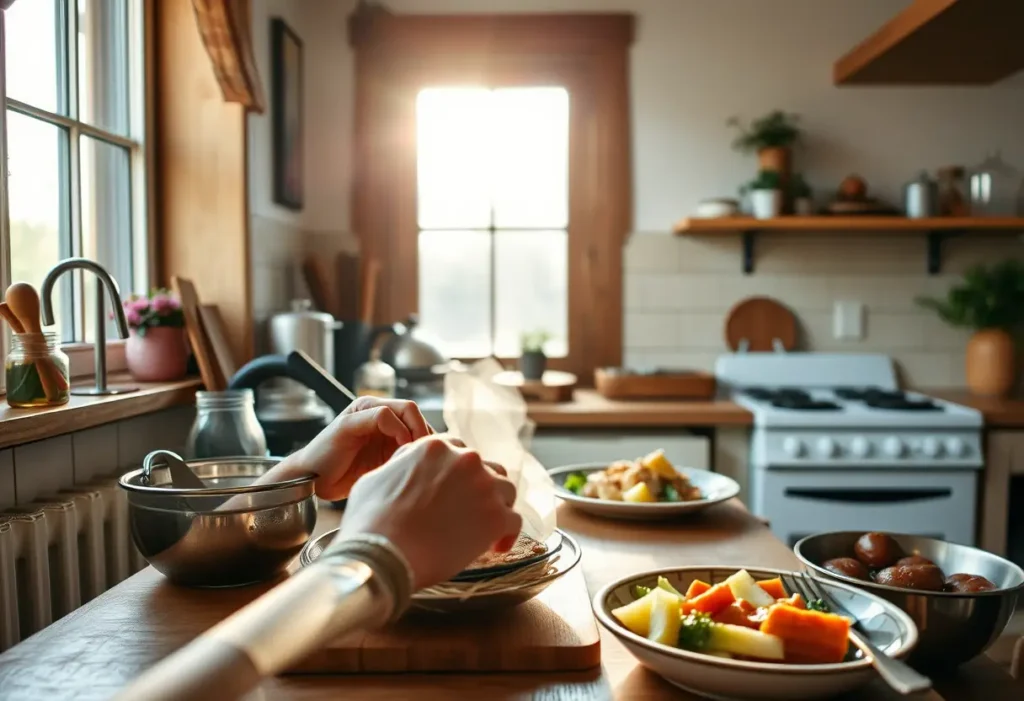 Mains préparant un dîner maison dans une cuisine accueillante, Saint-Valentin