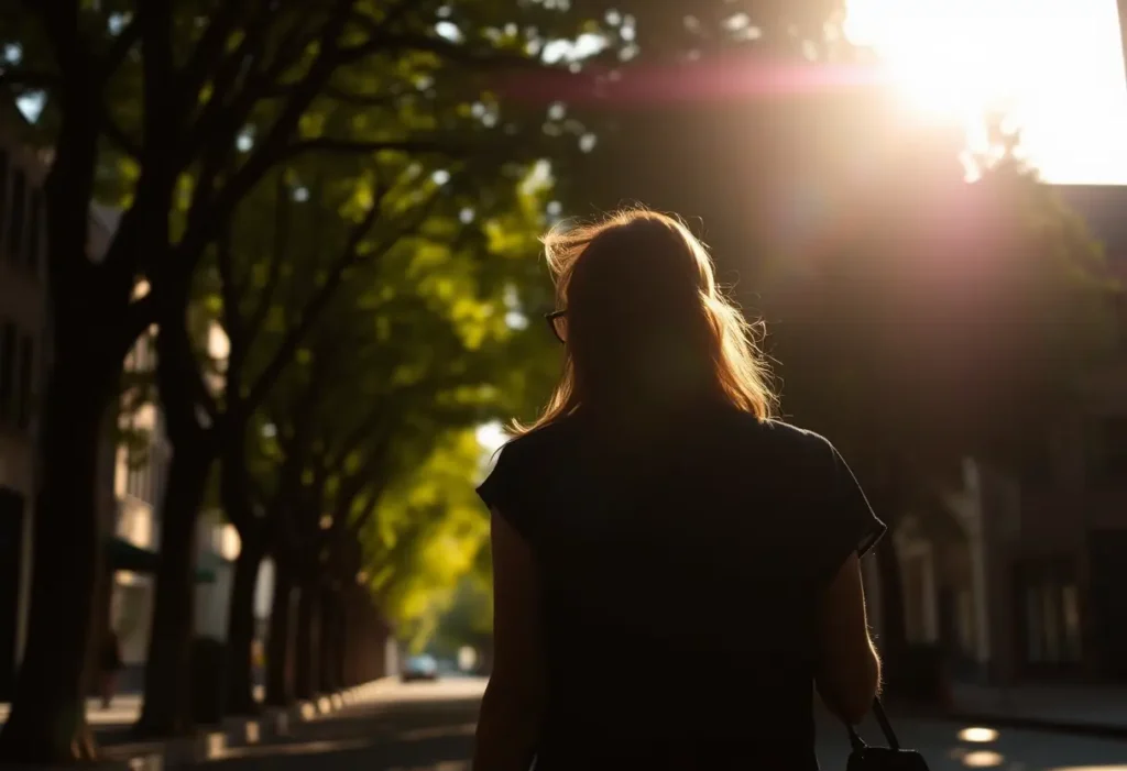 Le silhouettre d'une femme marchant le long d'une rue arborée, sous la lumière du soleil qui filtre à travers les feuilles