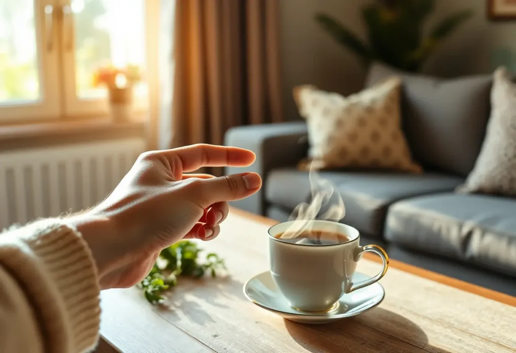 Main de personne tenant une tasse de thé chaud dans un salon accueillant, thème de l'acceptation de soi