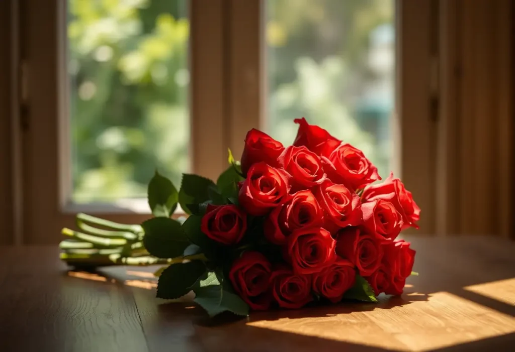 Un bouquet de roses rouges sur une table, symbolisant l'amour et la Saint-Valentin