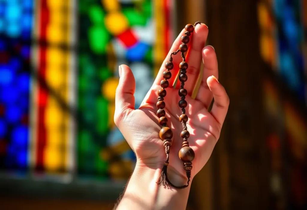 Une main tenant un rosaire en bois avec des perles de tailles différentes, éclairée par la lumière colorée d'un vitrail.
