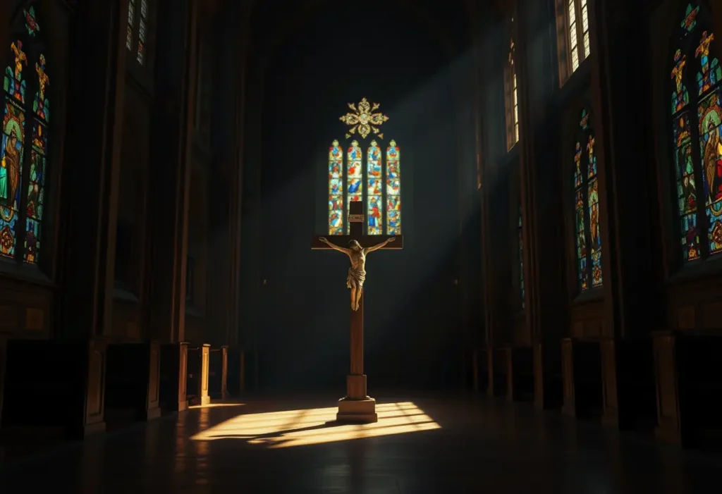 Crucifix en bois dans une église sombre, lumière naturelle