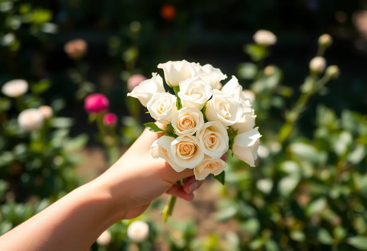 Main tenantnant un bouquet de roses blanches dans un jardin ensoleillé