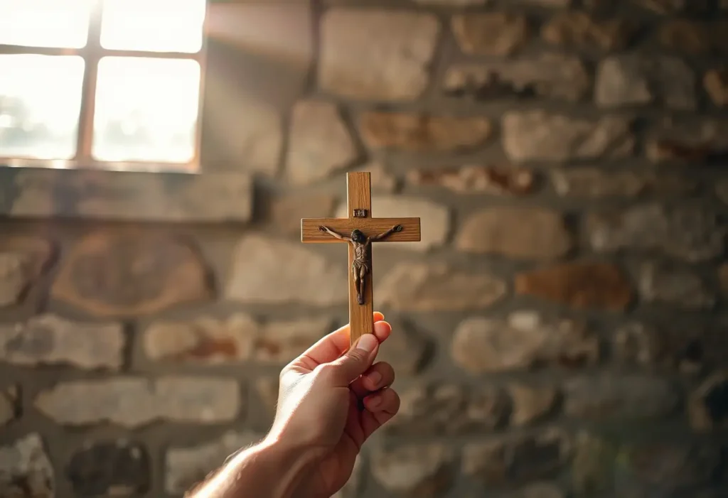 Main de bois tenant un crucifix devant un mur de pierre, lumière du matin