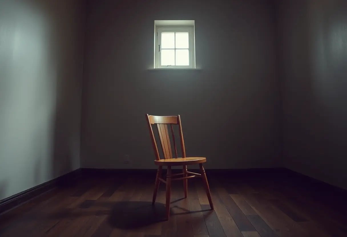 Chaise en bois dans une pièce sombre, seule source de lumière une petite fenêtre haute
