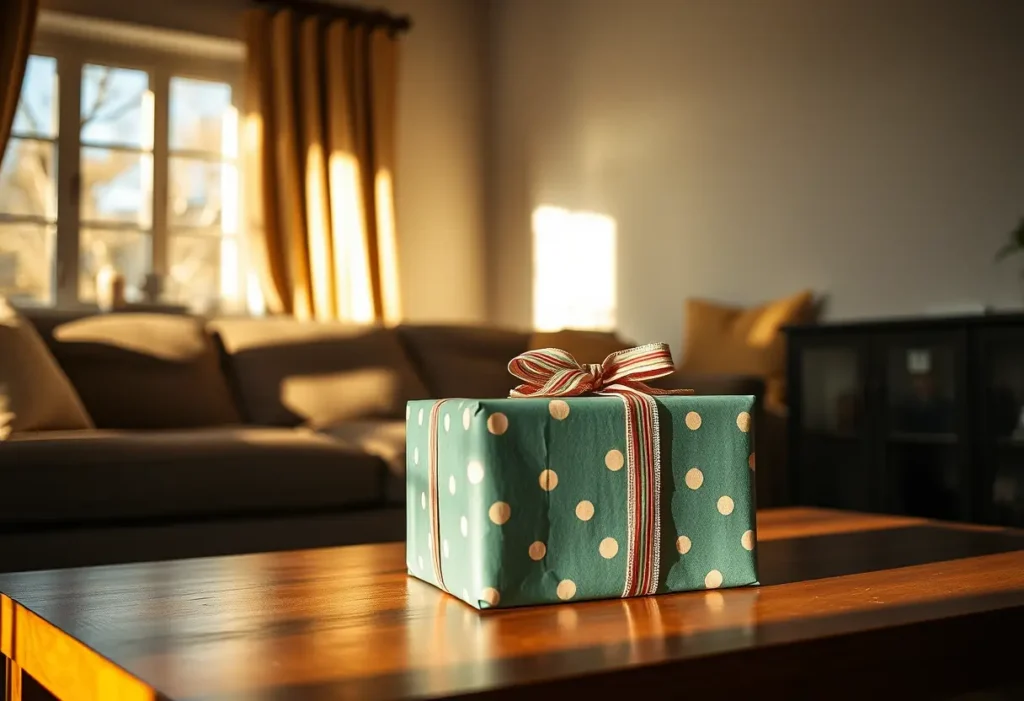 Un coffret cadeau sur une table basse dans un salon accueillant, éclairé par la lumière naturelle.