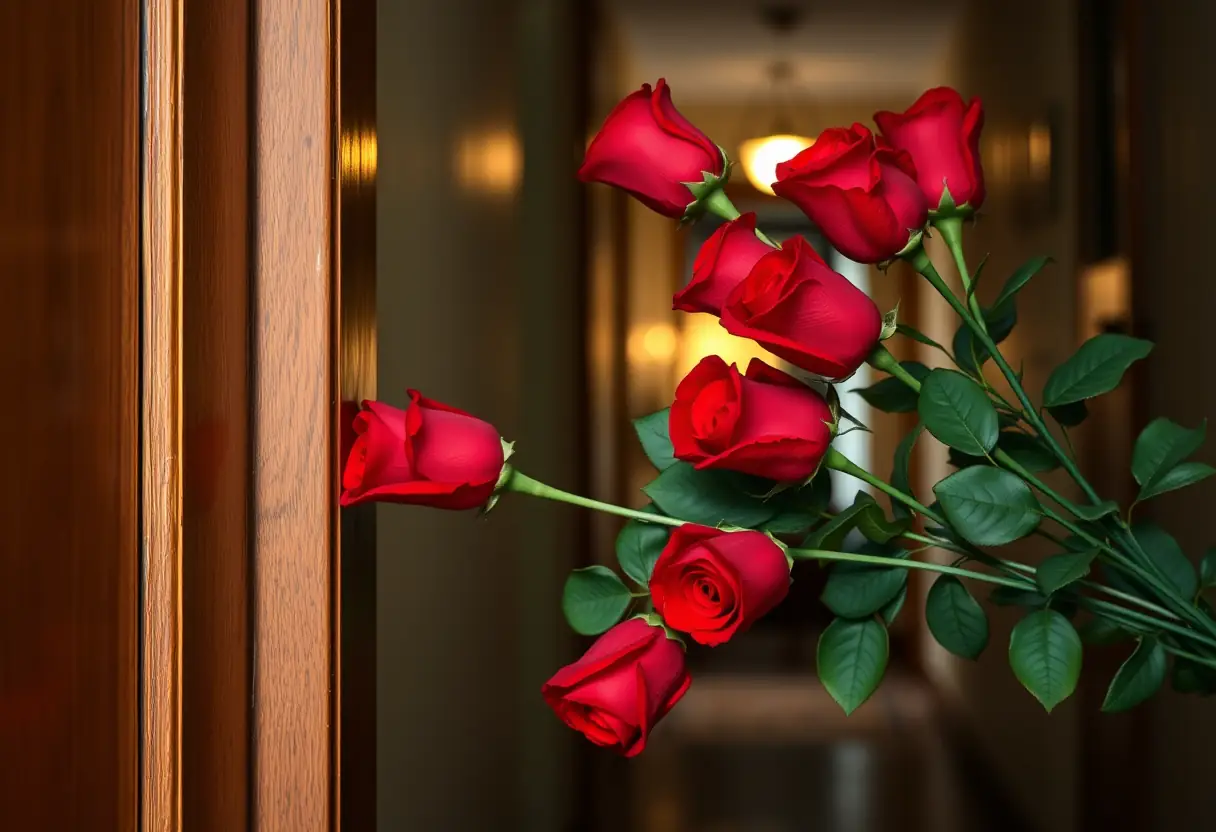 Un bouquet de roses rouges appuyé contre un chambranle de porte dans un couloir, éclairé par la douce lumière d'un abat-jour.