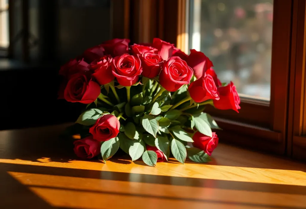 Un bouquet de roses rouges sur une table en bois, éclairées par la lumière naturelle, évoquant la Saint-Valentin et l'amour