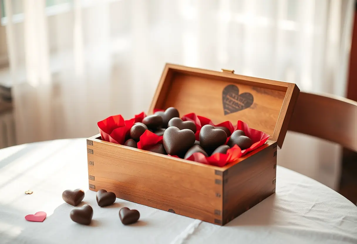 Un coffret en bois avec des chocolats en forme de cœur, sur une table blanche, évoquant les cadeaux de la Saint-Valentin