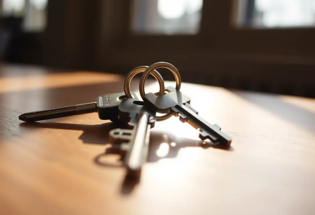 Clés métalliques entrelacées sur une table, représentant la confiance partagée dans une relation