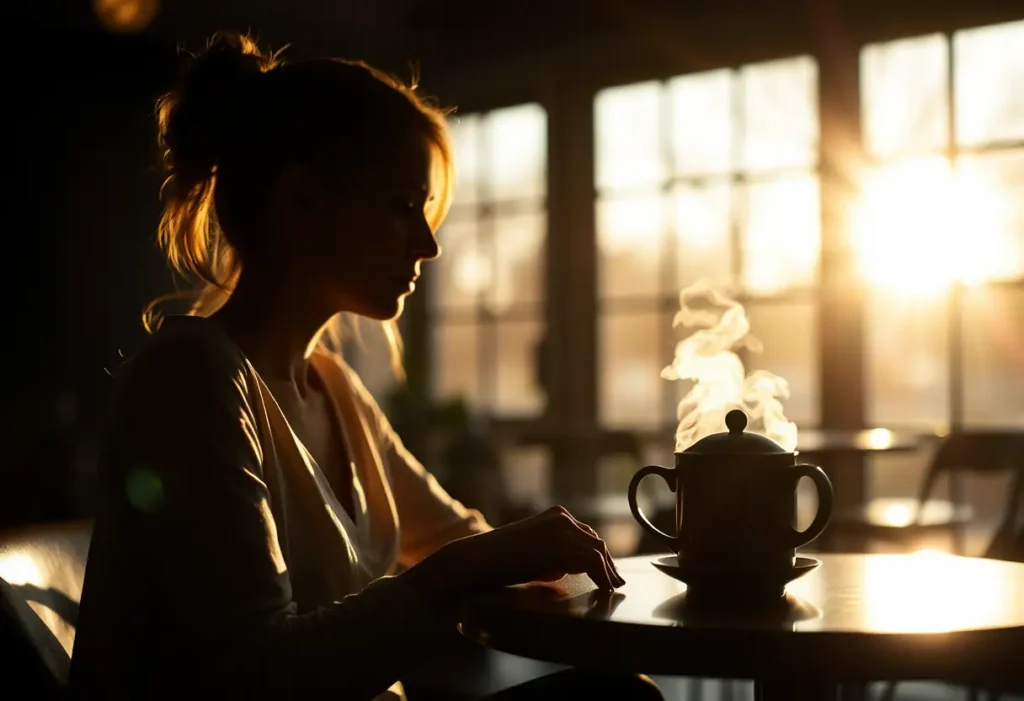 Le profil d'une femme assise dans un café tenant une tasse de thé fumante