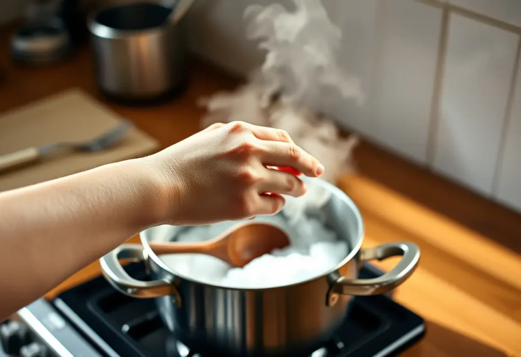 Main dans une cuisine, tenant une cuillère de bois au-dessus d'une casserole chaude, bien-être féminin