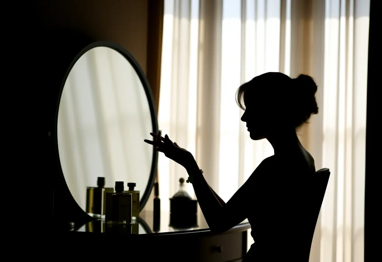 Silhouette d'une femme s'apprêtant à la vanity table