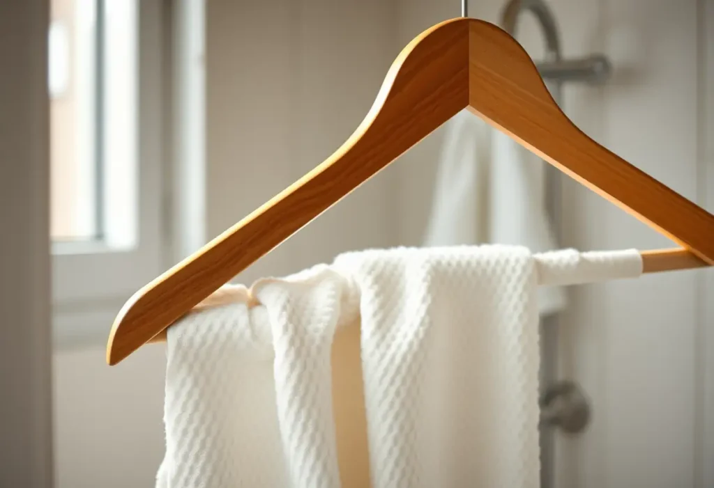 Un porte-manteau en bois supportant une serviette en coton douce dans une salle de bain, soulignant le confort du foyer