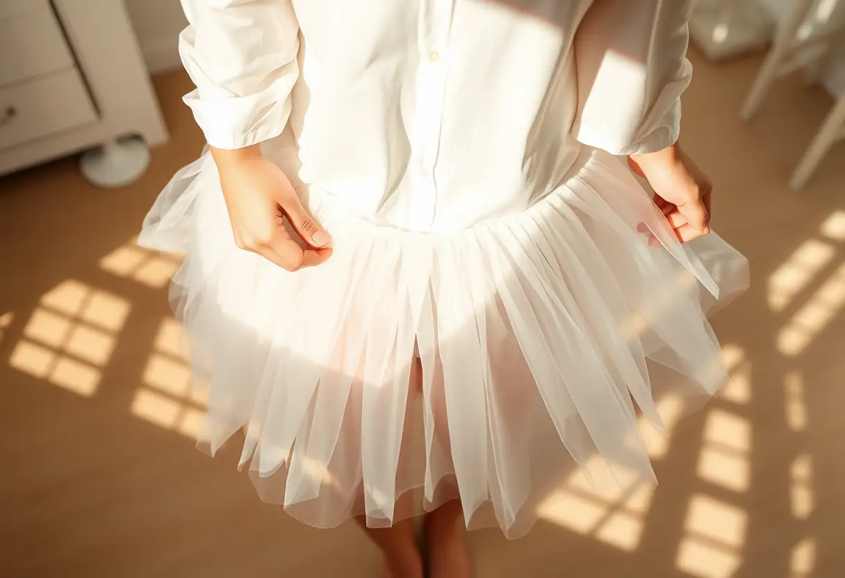 Des mains lisent doucement un jupon en tulle transparent sur une blouse blanche. Lumières du matin.